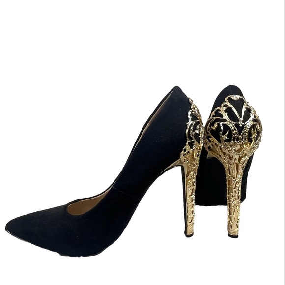 Just Fab Sarina Black Evening Stiletto Pumps Metal Cage 4” Gold Heel Sz 8.5 - Picture 6 of 11